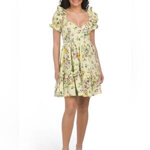 Us Together Yellow Floral Women’s Dress Puff Sleeves and Ruffles